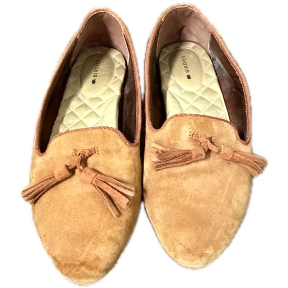 Birdies Suede Tassel Loafers Women's Size 7 Tan Leather Flats Smoking Slippers